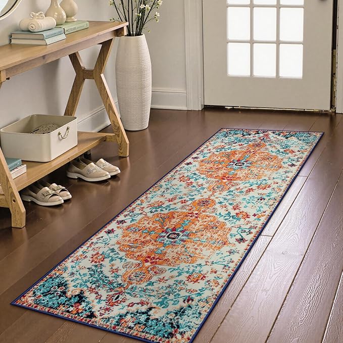 Lahome Bohemian Floral Medallion Runner Rug - 2'8" x 8' Oriental Distressed Hallway Runner Rug Country Vintage Washable Non-Slip Laundry Carpet Soft Low-Pile Indoor Mat for Entryway Bedside Decor