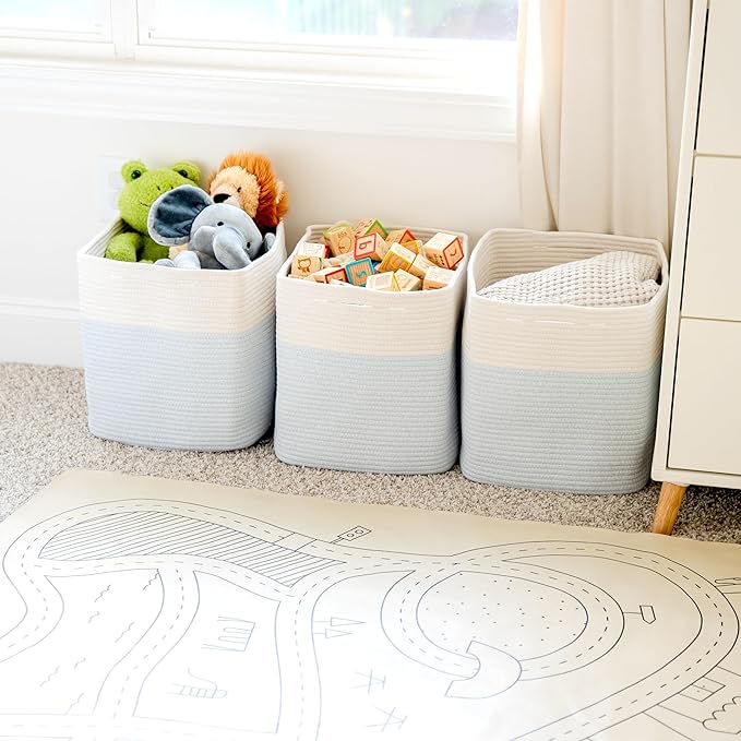NaturalCozy 13x15x13 Kallax Storage Cubes Bins, 3 Pack | Cotton Rope Cube Storage Bin Woven Baskets for Organizing | Kallax Insert Storage Baskets for Shelves Organizer, Kids Toy, Closet Baby Nursery