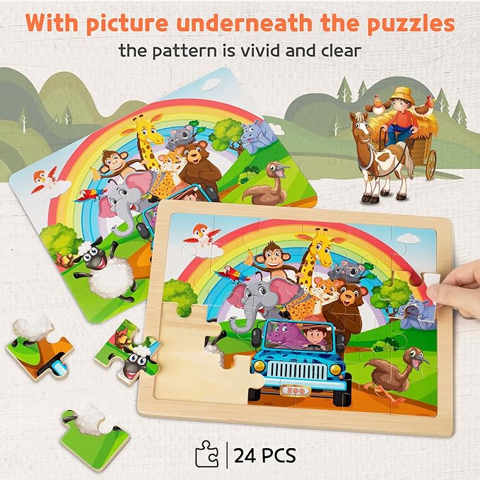 SYNARRY Large Animals Wooden Puzzles for Kids 4 in 1 Gift Box(12.2 * 9.4 in) - FSC Certified, Jigsaw Puzzles for Toddlers 3-5, Puzzles for Kids Ages 4-6, Wood Toys Gifts for 3 4 5 Year Old Boys Girls