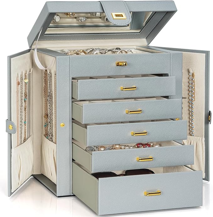AKOZLIN Extra Large 6-Tier Jewelry Box Organizer Functional Huge, 5 Drawers Leather Jewelry Storage Case for Women Girls Ring Necklace Earring Bracelet Holder Organizer with Mirror Grey