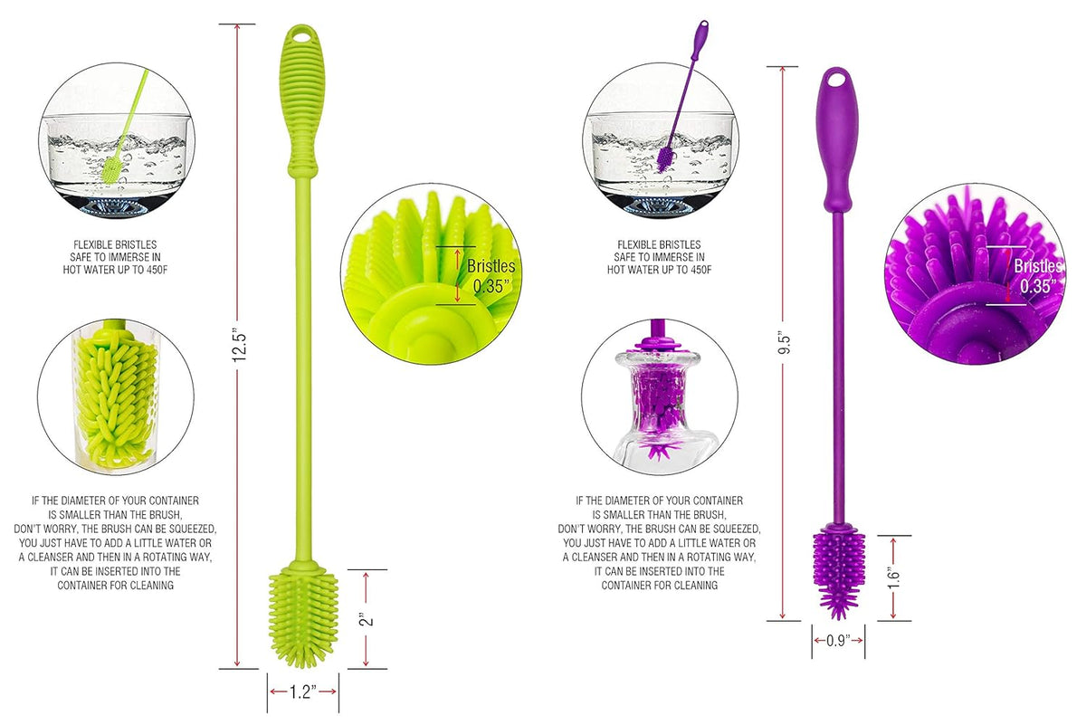A-Brush Silicone Bottle Cleaner Brush, 2 Piece Set, Flexible, Long Handle - Water Bottle Cleaner, Baby Bottle Nipple Brush for Plastic & Glass, BPA-Free Dish Washing Brush A2S Protection