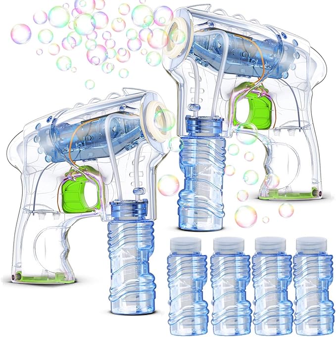 Kid Odyssey 2 Pack Bubble Gun with 4 Refill Solution and 3 Colorful LED Light, Bubble Machine for Kids, Bubble Maker for Party Favors, Birthday Gift, Indoor Outdoor Toys for Toddlers