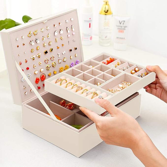 Girls Jewelry Box Earring Holder Organizer for Girls Jewelry Organizer Box Stud Earrings Organizer for Girls Womens Beige Jewelry Box for Earrings and Necklaces Rings Stud Earring Box for Teen