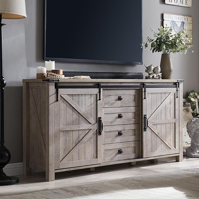 T4TREAM 60'' Farmhouse Dresser Chests for Bedroom w/4 Drawers & Sliding Barn Doors, Tall Chest of Drawers, Rustic Dresser TV Stand,Organizer for Bedroom, Living Room, Light Rustic Oak