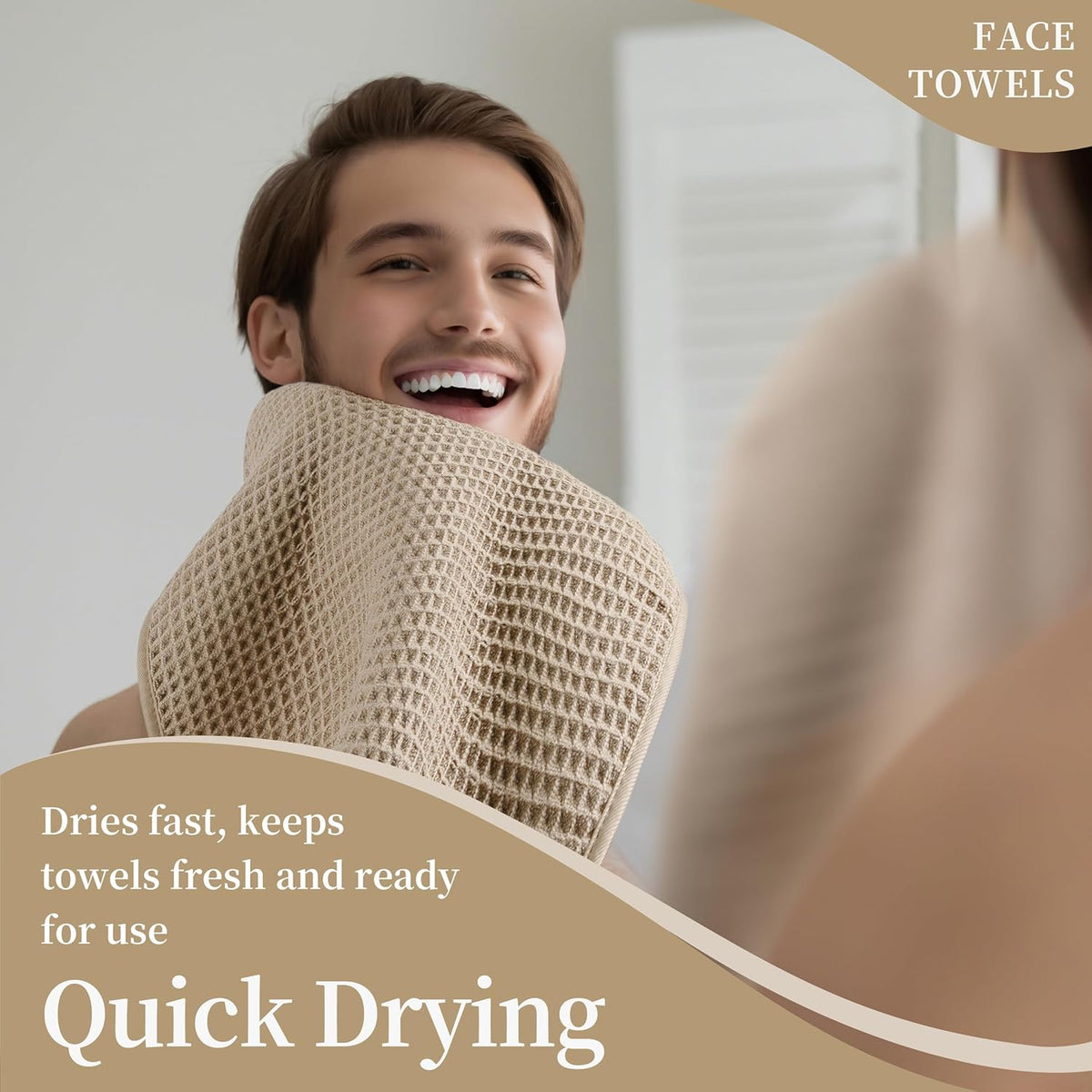 Microfiber Waffle Face Towels, 2 Pieces, Soft, Absorbent, Fast Drying, Lint Free (Beige)