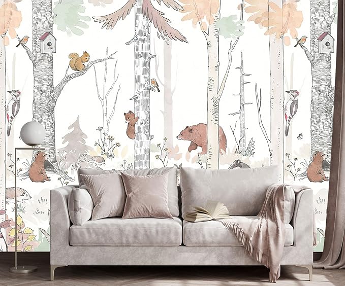 Watercolor Birch Tree Forest Wallpaper Woodland Animal Wall Mural for Kids Bedroom Nursery Room Living Room(Not Self-Adhesive)