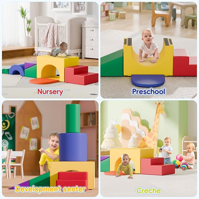 Soft Foam Climbing Blocks Set – Large 5-in-1 Soft Play Toys Crawling & Sliding Climbing Arch for Toddlers, Foam Playset for Nursery,Preschool (Classic American Color)
