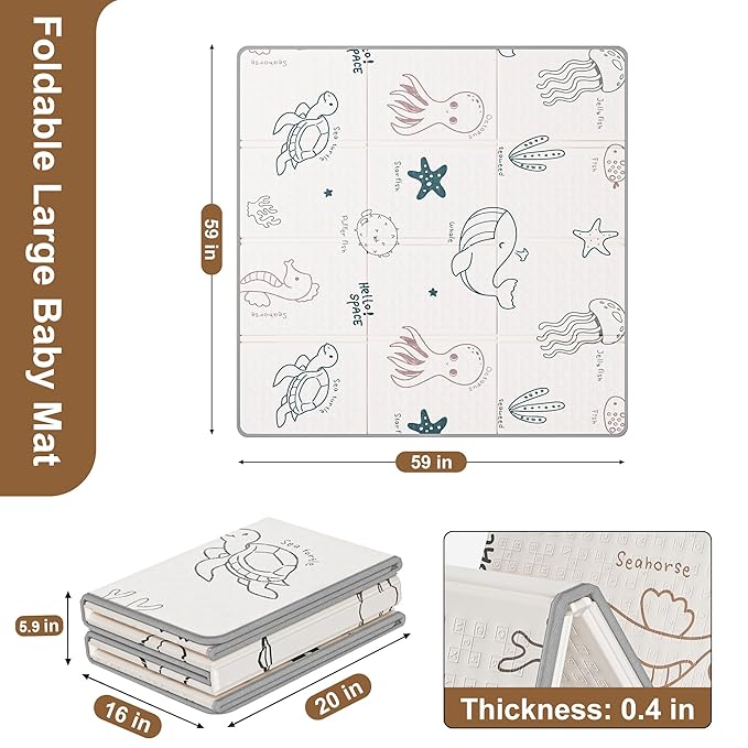 59x59 Baby Play Mat, Foldable Baby Mat for Floor Tummy Time and Crawling Mat, Waterproof & Anti-Slip Reversible Portable Play Mat for Toddler Infant