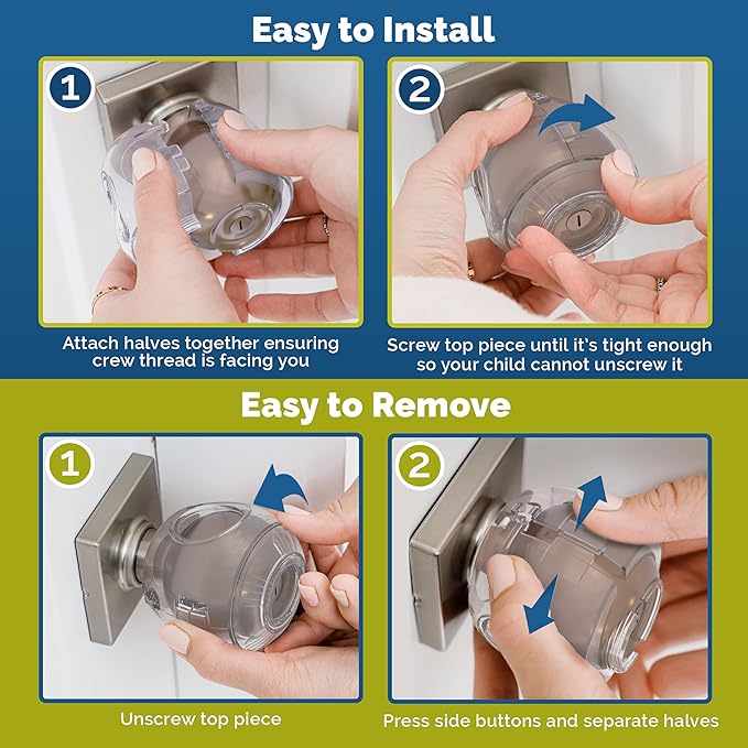 Child Safety Door Knob Cover (4 Pack) Hard-to-Remove Dual-Lock Door Handle Covers for Kids - Reusable Baby Proof Door Knob Locks - Installs Easily, No Tools Needed (Clear)