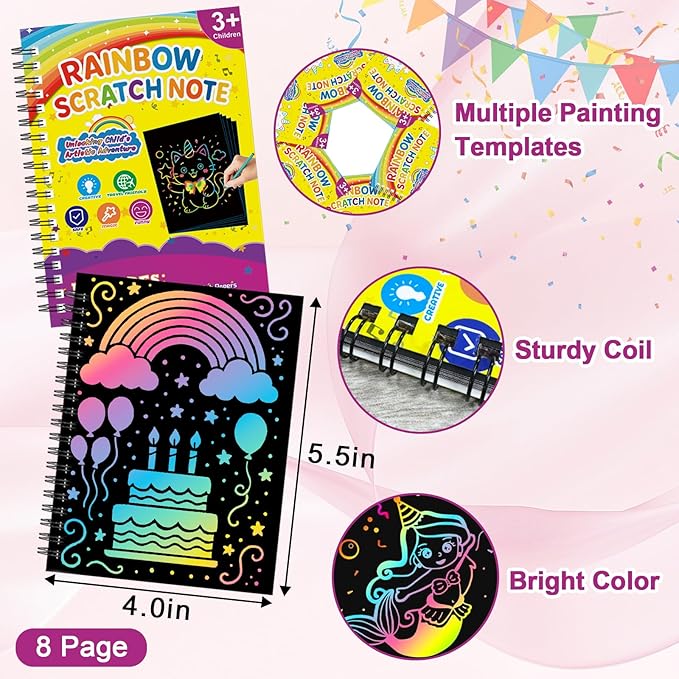 Scratch Art for Kids: 36 Pack Rainbow Scratch Paper Party Favors - Art Crafts Notebook Suitable for Birthday Gifts/School Crafts Kit/Classroom Prizes for Girls and Boys Aged 4-12