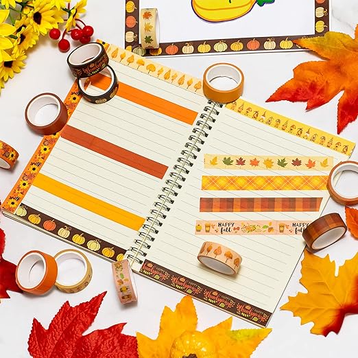 Whaline 12 Rolls Fall Washi Tape Thanksgiving Autumn Maple Leaves Pumpkin Gnome Masking Washi Tape 15mm Thanksgiving Harvest Decorative Tape Sticker for Scrapbook Journal DIY Craft Gift Wrapping
