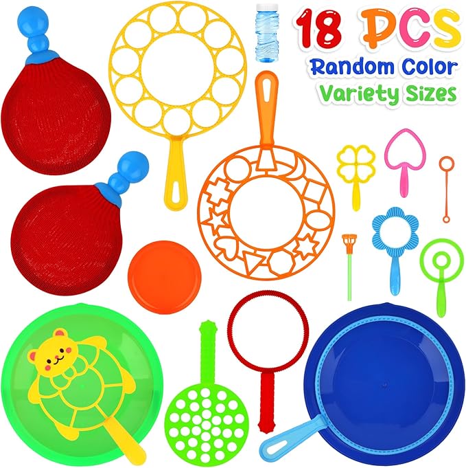 Roberly 18 PCS Big Bubble Wands Toys Set with Solution, Tray, Soft Racket, Bulk Funny Bubbles Making Toys for Kids Summer Outdoor Activities Game Birthday Party Favors
