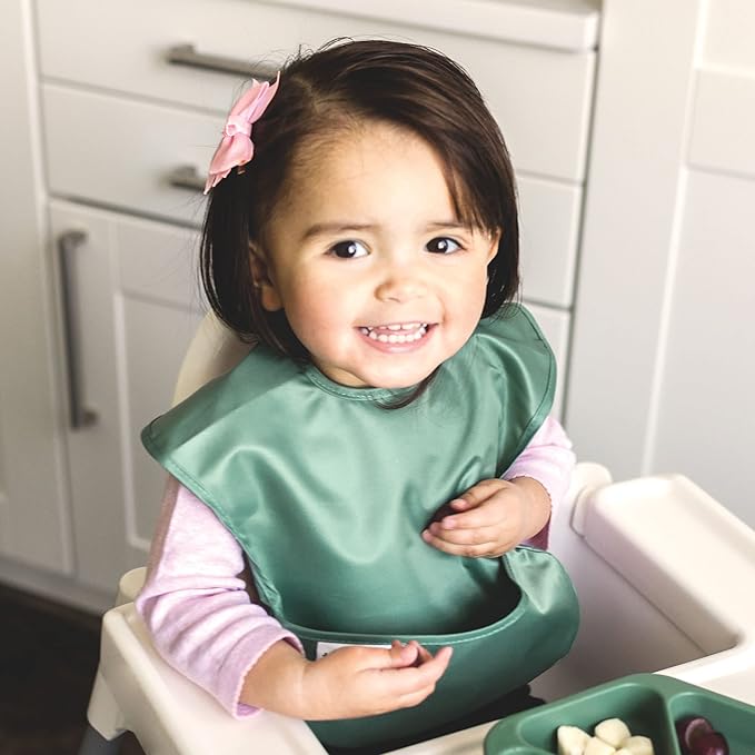 Tiny Twinkle Mess Proof Baby Bibs for Eating - Waterproof, Wipeable Bibs - Toddler Bibs - Travel Friendly - PFAS, PVC, BPA, Phthalate Free - Baby Food Bibs (3 Pack,Slate, Olive)