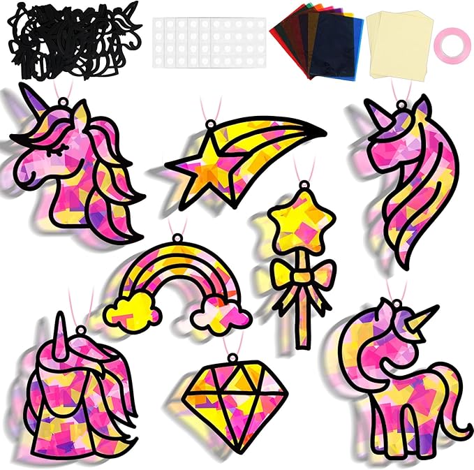 QOUBAI 32 Sets Unicorn Rainbow Suncatchers Craft Kit DIY Window Stained Glass Effect Diamond Star bow Paper Crafts Home School Classroom Decoration Kid Birthday Gift Creative Art Project Activity Game
