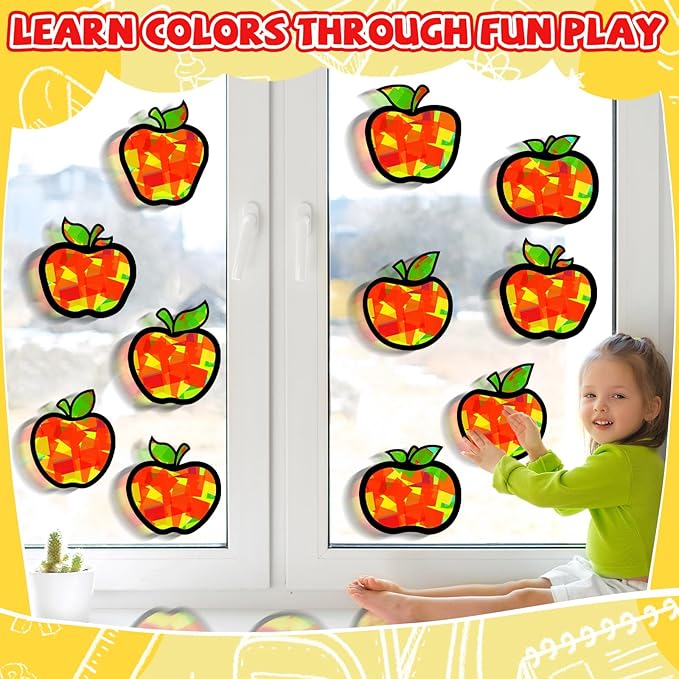 QOUBAI 32 Sets Back to School Apple Suncatchers Craft Kit DIY Window Stained Glass Effect Fall Apples Paper Craft for Home School Classroom Decor Kid Birthday Gifts Creative Art Projects Activity Game