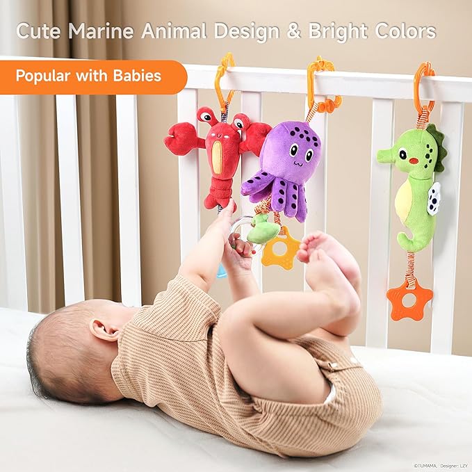 TUMAMA Baby Toys 0 3 6 12 Months, Hanging Stroller Toys Soft Marine Animal Crib Car Seat Toys, Crinkle Infant Rattles with Teether Squeaky Sensory Developmental Toy for Newborn