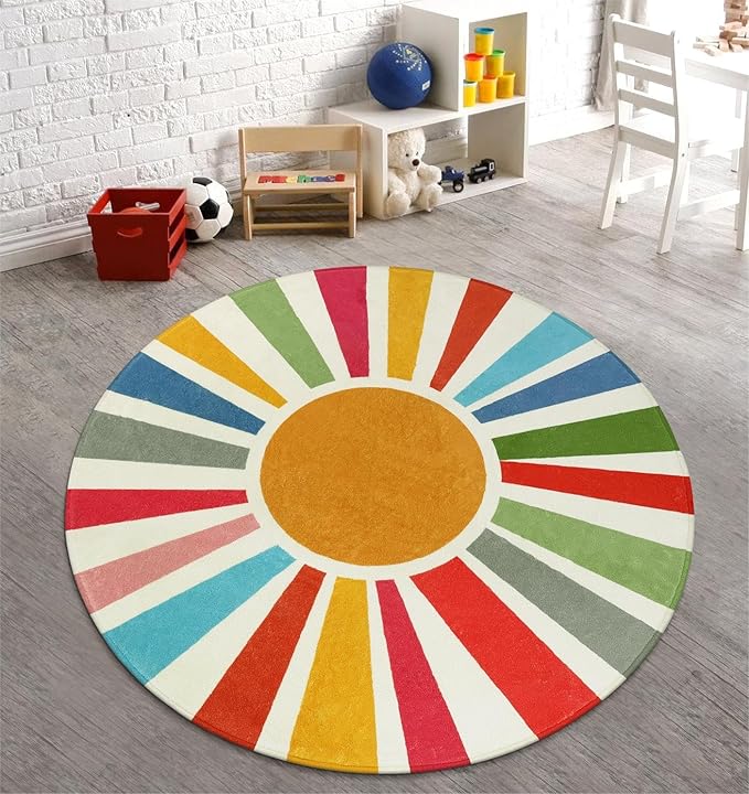 STARUIA Boho Washable Rug 5 Ft Round Area Rug for Bedroom, Rainbow Circle Kids Rugs for Office, Non-Slip Circluar Carpet Soft Sunshine Rugs for Dorm Nursery Sofa Living Room Corner