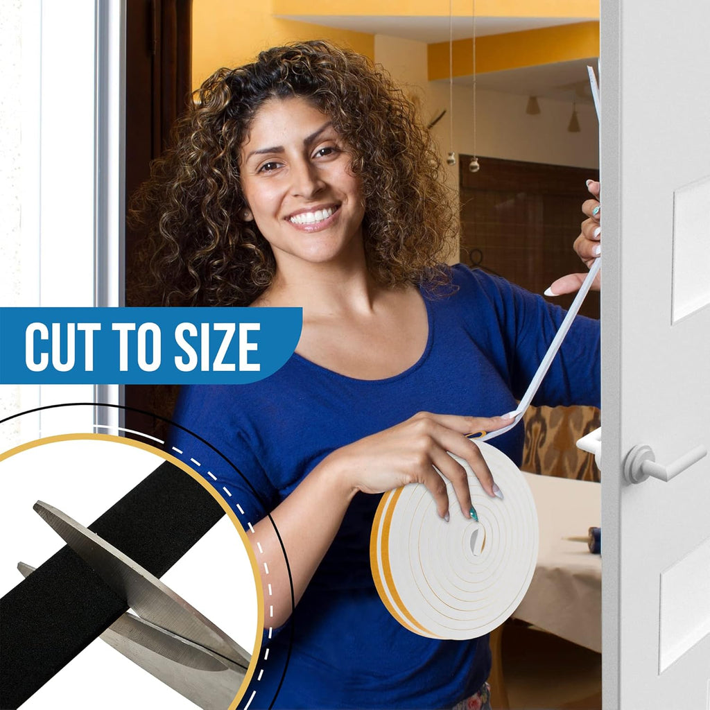 High Density Foam Weather Stripping Door Seal Strip Insulation Tape Roll for Insulating Door Frame, Window, Air Conditioner | Self Adhesive Sealing Weatherstrip (Black, 1 in x 1/4 in x 30 Ft)