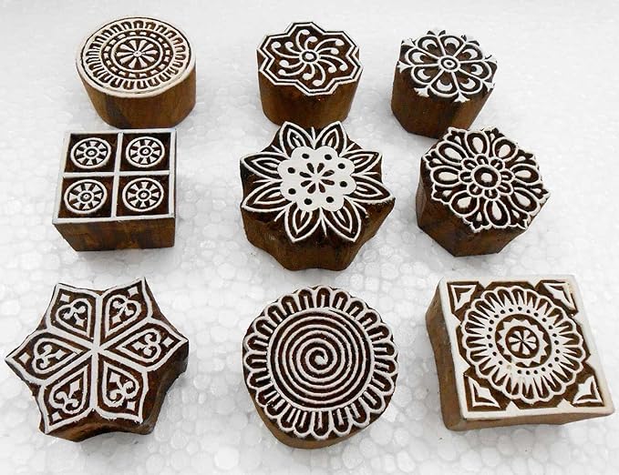 Handcarved Wooden Block Printing Stamps (Set of 9) for Textile Designing/Craft Printing Pattern for Saree/Scrapbookng/Tattoo