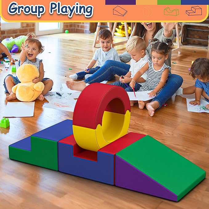 Foam Climbing Toys for Toddlers,4 Pcs Climb & Crawl Soft Play Set for Kids, Safe Indoor Tunnel for Toddler Gym with Pad,Easy to Clean