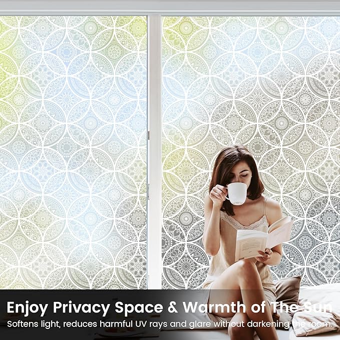 DKTIE Bohemian Decor Stained Glass Window Film with Installation Tools, Two-Way Window Privacy Film, Reduce Glare, Pure White, 17.7 x 118.1 Inch