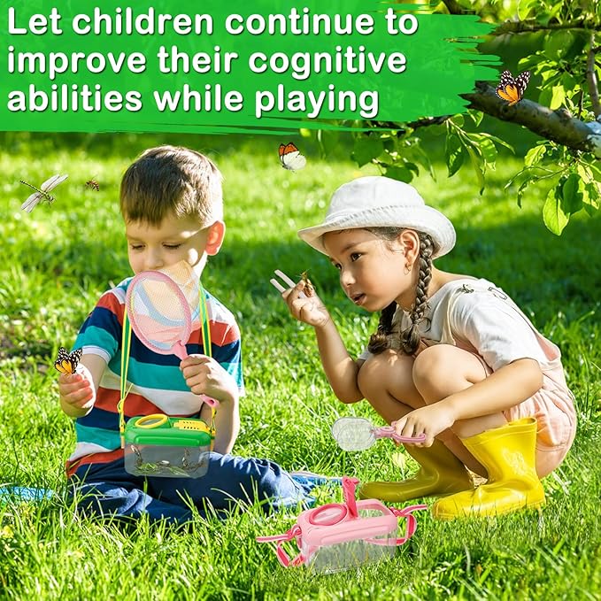 2Sets Bug Catcher for Kids - Sturdy Kids Bug Catching Kit Gifts with Collector Butterfly Net Tweezer, Bugs Habitat Outdoor Explorer Kit for Age 3 4 5 6 7 8, 8Pcs, Green & Pink