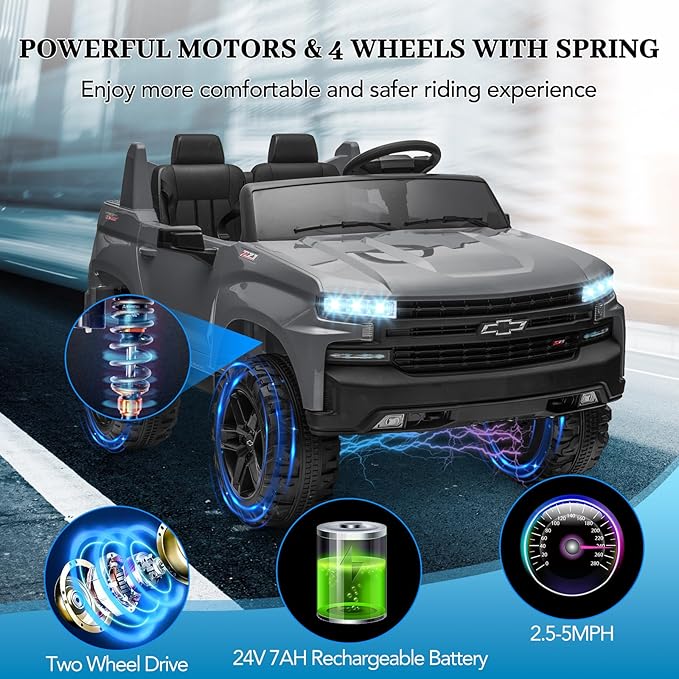 Hetoy 24V 2-Seater Truck Licensed Chevrolet Silverado Ride On Car Toy w/Parent Remote Control,4xSpring Suspension, 3 Speeds, Wireless Music, MP3 Player, Electric Vehicle Car for Kids,Grey