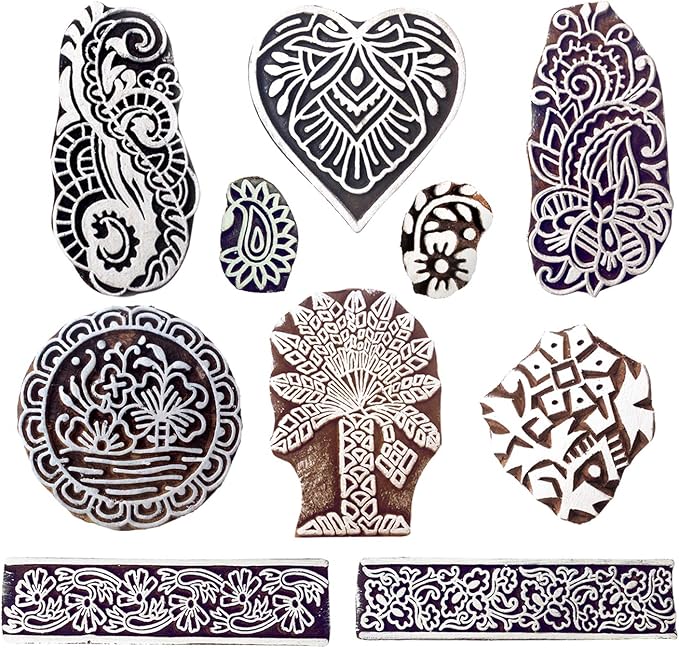 Royal Kraft Wooden Stamps for Block Printing on Saree Border, Textile, Clay, Pottery, Tattoo (Set of 10) MXtag0001