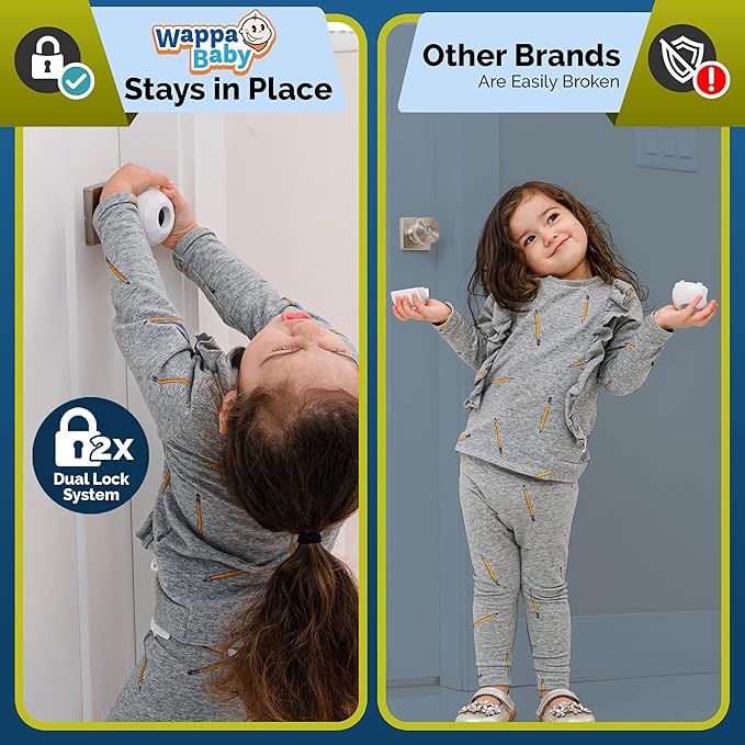 Child Safety Door Knob Cover (4 Pack) Hard-to-Remove Dual-Lock Door Handle Covers for Kids - Reusable Baby Proof Door Knob Locks - Installs Easily, No Tools Needed (White)