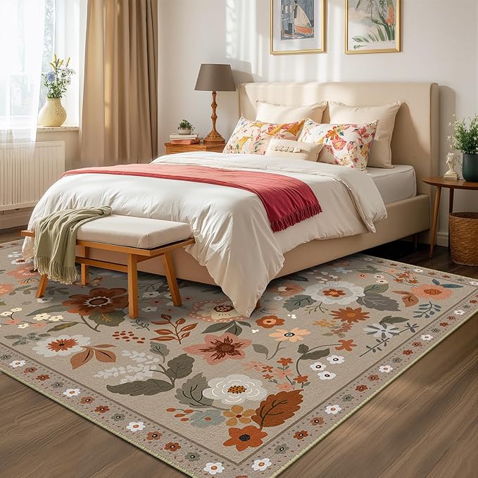 Floral 5x7 Area Rug Machine Washable Soft Print Boho Carpet Non Slip Doormat Low Pile Flower Area Rugs for Living Room Bedroom Nursery Kitchen Dining Room Indoor-Brown/Brick