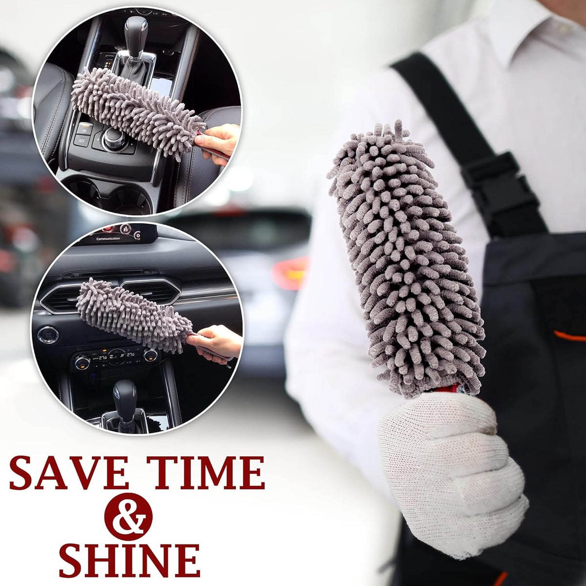 Car Duster Interior by TAKAVU, 360° Microfiber Fingers, Unbreakable Comfort Handle, Lint and Scratch Free, Include Microfiber Towel, for Car & Home Use, The Best Auto Accessories Gray