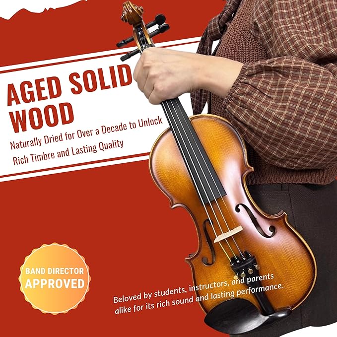 4/4 Full Size Violin for Adults - Solid Wood, Spruce Top, Maple Back, Pro Brazilwood Bow, Hard Case, Shoulder Rest, Electronic Tuner, Extra Strings & Rosin (MVA-800)