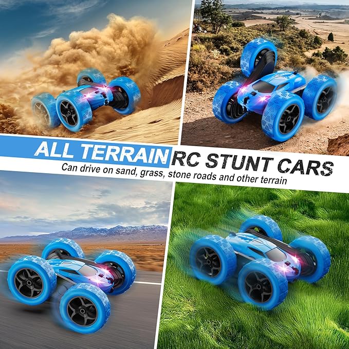 Remote Control Car, RC Cars Toys for Kids Ages 6-12, 4WD Stunt Car with LED Lights & 360° Flips, 2.4GHz, Upgraded USB-C Modular Batteries, 8-10 Year Old Boys Birthday Gift 1-Blue