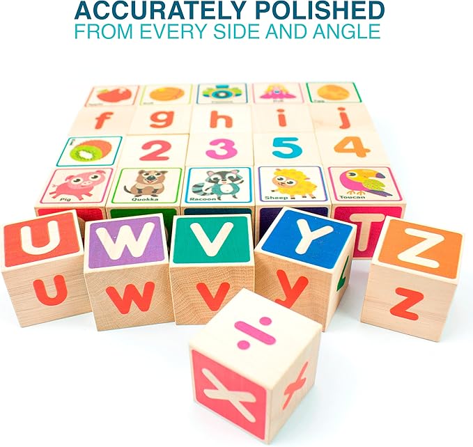 QUOKKA Wooden Blocks for Toddlers 1-3 - 26 ABC Learning Baby Blocks for Kids 3-5 Year Olds Stacking Alphabet Wood Toys for 2-4 yo - Educational with Letters Numbers