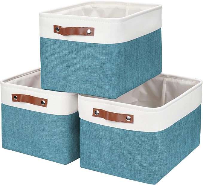 Storage Bins Large Fabric Storage Baskets for Shelves 3 Pack, Decorative Linen Closet Baskets with Handles for Organizing, Shelf, Clothes, Home, Office, 15x11x9.5Inches (Teal&White)