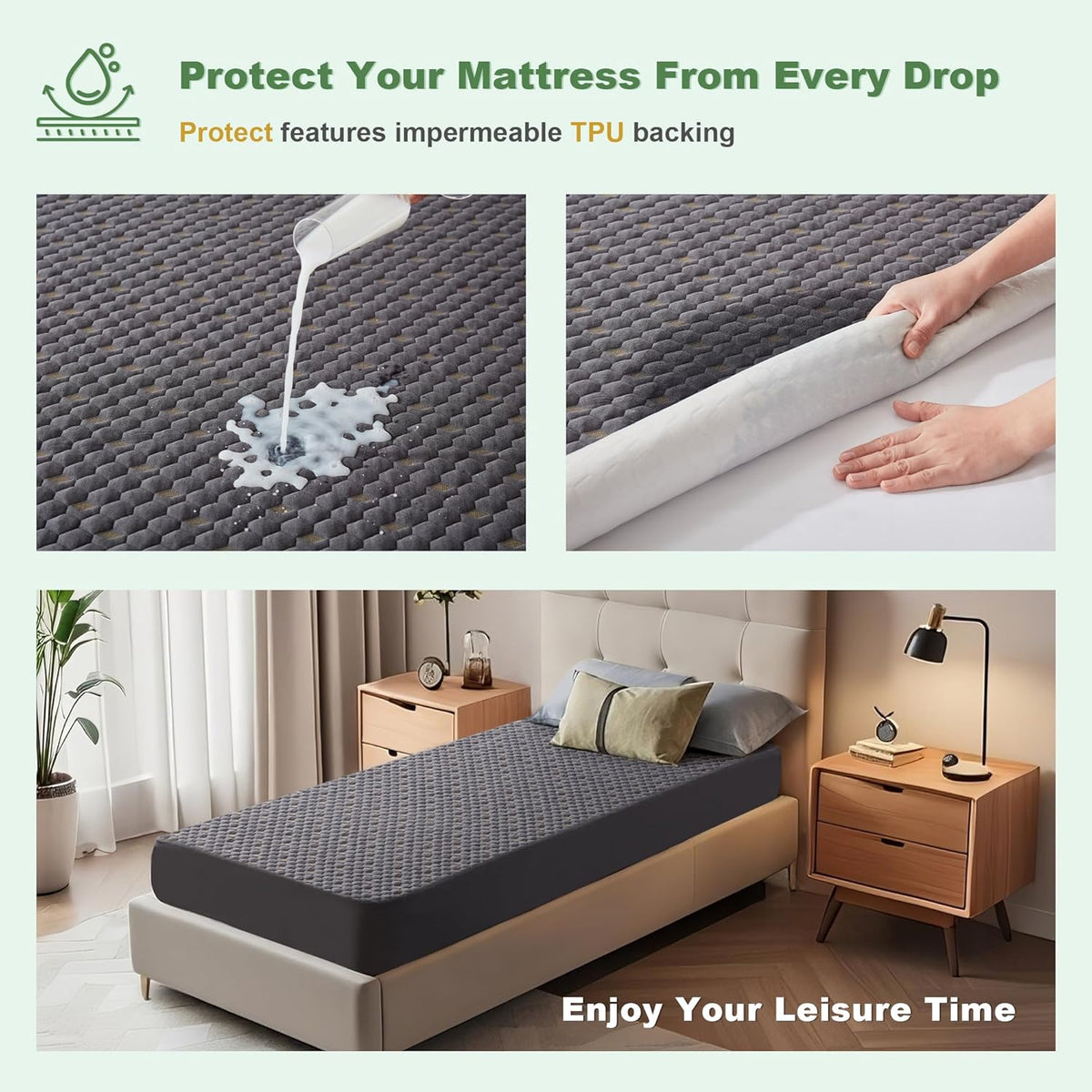 Waterproof Mattress Protector, Twin XL Size Mattress Pad Fitted 6-15" Deep Pocket, 3D Air Fabric Breathable Bed Mattress Cover Noiseless Washable for College Dorm(Carbon Gray)