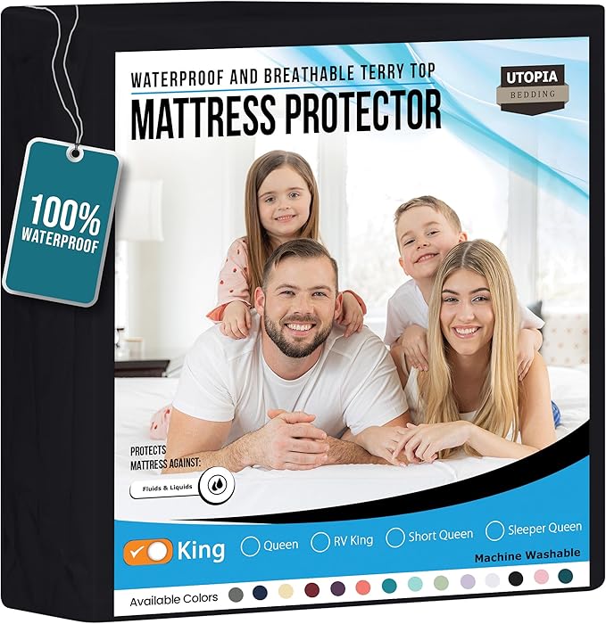 Utopia Bedding Waterproof Mattress Protector King Size, Premium Terry Mattress Cover 200 GSM, Breathable, Fitted Style with Stretchable Pockets (Black)