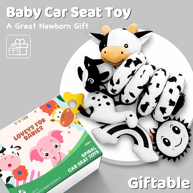 Spiral Car Seat Baby Toys 0-6 Months, Infant Carseat High Contrast Sensory Toys Hanging Stroller Accessories, Newborn Gifts for Baby Boys Girls Essentials, Cute Black and White Cow