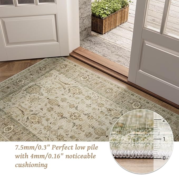 Washable 8x10 Area Rugs for Living Room, Boho Non-Slip Silicone Backing Rugs for Bedroom Dining Room Nursery Office, 0.3" Neutral Oriental Throw Carpet with 0.16" Cushioning Pad, Light Brown/Multi
