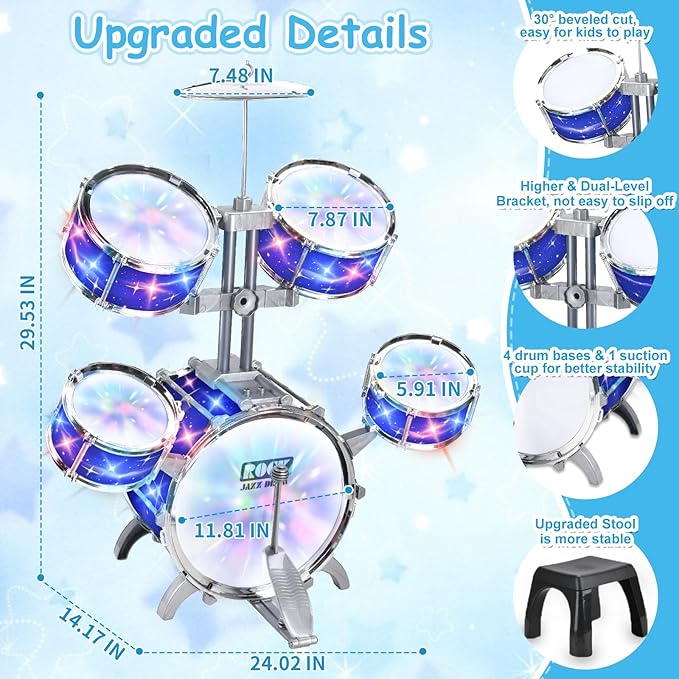 Upgraded Kids Drum Set for Toddlers w/ Light (All Plastic), Musical Gifts Toys for Boys Girls, Kids Jazz Drum Kit for Beginner Music Practice, Christmas Birthday Gift