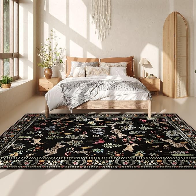 Rugcomf Living Room Rug 6x9 Rug Machine Washable Boho Area Rug Non Slip Floral Animal Vintage Low Pile Large Rug for Living Room, Bedroom, Farmhouse, Dining Room, Kids Playroom (Black)