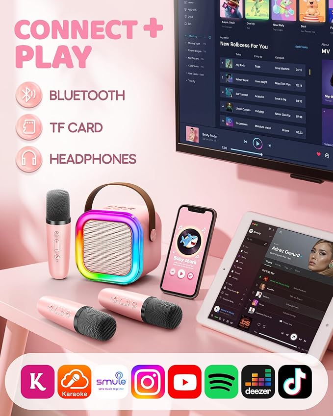 IROO Mini Karaoke Machine for Kids, 2025 TOP Toys Birthday Gifts Ideas for Girls Ages 4, 5, 6, 7, 8, 9, 10, 12+ Years Old, Portable MP3 Player with 3 Wireless Mics for Party