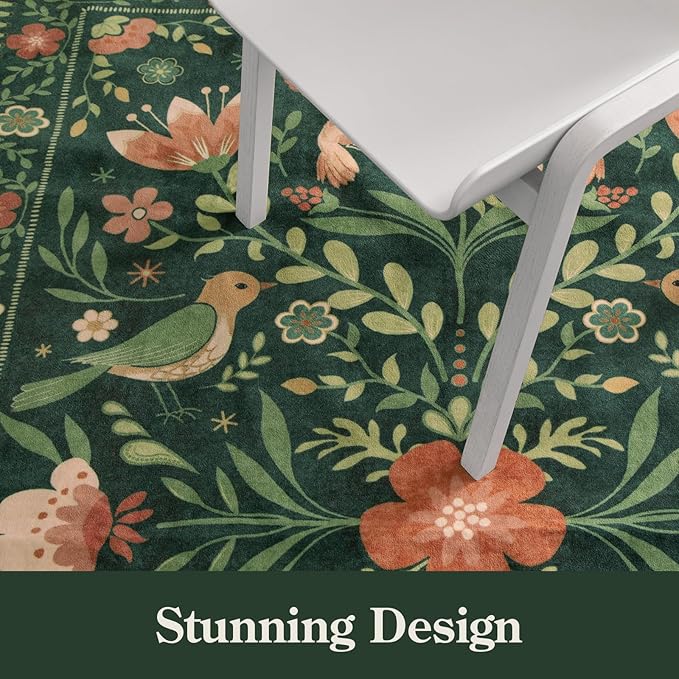Moynesa Boho Bird 9x12 Area Rug Washable Living Room Rug, Low-Pile Green Floral Bedroom Rugs for Living Room Stain Resistance, Vintage Soft Large Rug for Kids Playroom Nursery