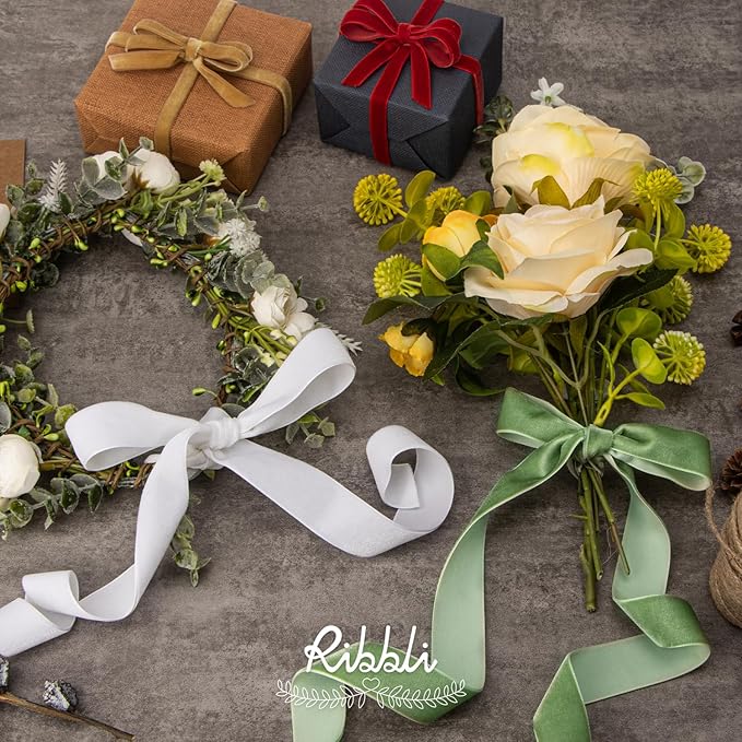 Ribbli Polyester White Velvet Ribbon,5/8 Inches Continuous10-Yard Spool,Christmas Ribbon for Gift Wrapping,Floral Bouquets, Home Decor