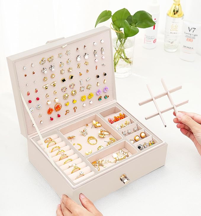 Girls Jewelry Box Earring Holder Organizer for Girls Jewelry Organizer Box Stud Earrings Organizer for Girls Womens Beige Jewelry Box for Earrings and Necklaces Rings Stud Earring Box for Teen
