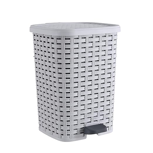 Superio Small Outdoor Trash Can with Lid for Dog Poop 3 Gallon/12 L Mini Plastic Garbage Can with Foot Pedal for Bathroom, Bedroom, Office, Patio, Wicker Smoke