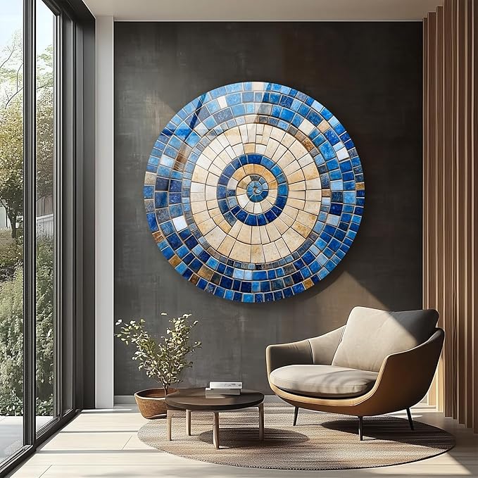 My Photostation.com 31.5''(80cm) Diameter Coastal Sunburst Beige & Blue Round Glass Wall Art Tempered Glass Printing Wall Decor Large Wall Art Wall Hangings
