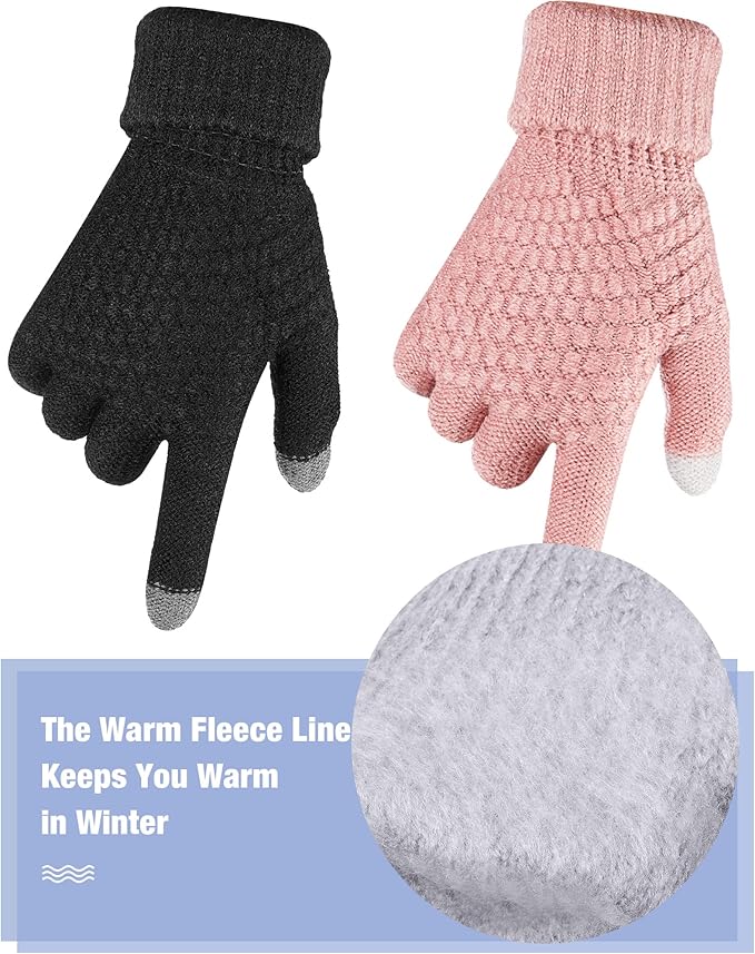 Geyoga 2 Pairs Women's Winter Touch Screen Gloves Soft Warm Fleece Lined Knit Elastic Cuff Winter Texting Gloves