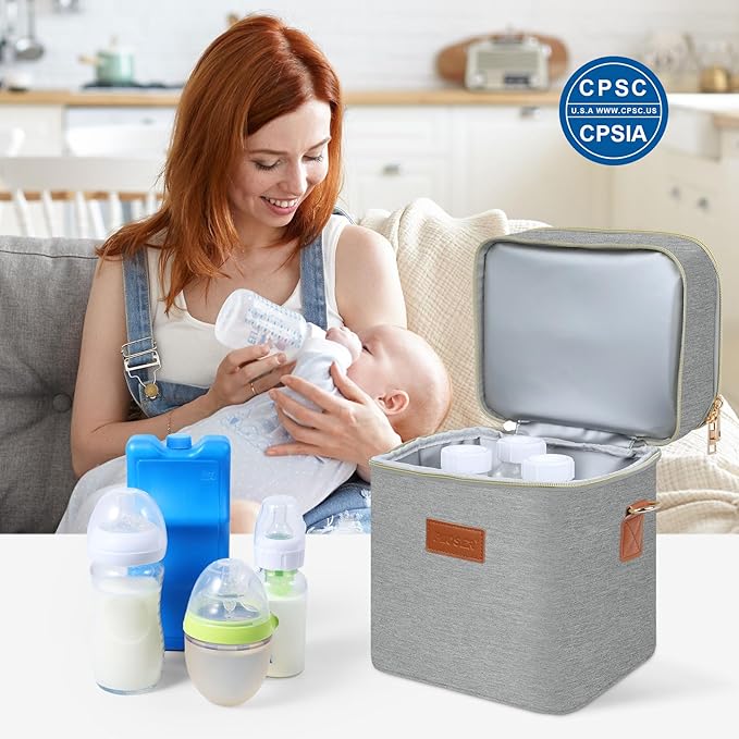 PIIOSER Breastmilk Cooler Bag with Ice Pack Fits 6 Baby Bottles Up to 9 Ounce, Insulated Baby Bottle Tote Bags, Double Layer Waterproof Leak-Proof with Shoulder Strap for Nursing & Working Mom (Grey)