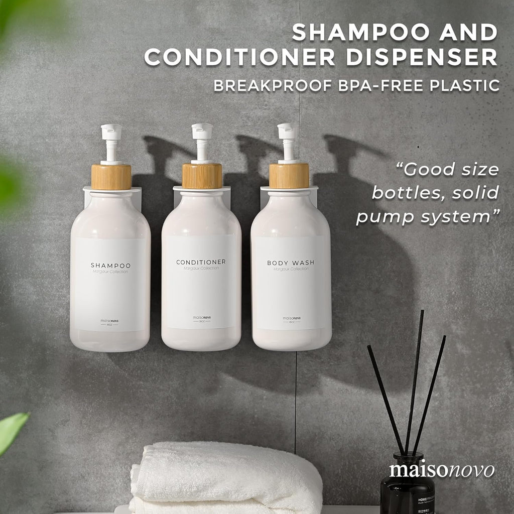 MaisoNovo Shampoo and Conditioner Dispenser - Shower Soap Dispenser Wall Mounted - 16.9 fl oz Set of 3 White Plastic Bottles Bamboo Pump - 3 Chamber No Drill